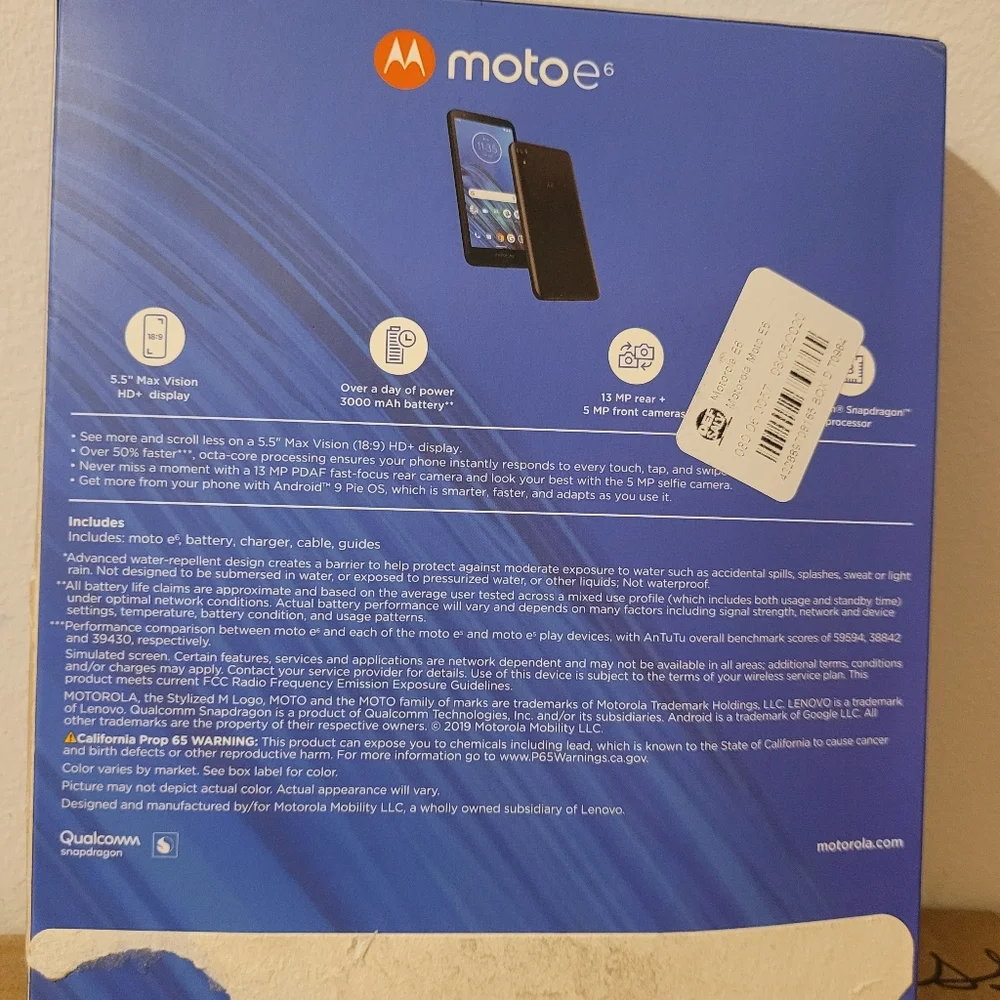 Motorola Moto E6 Smartphone - Black with Blue Packaging